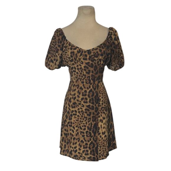 PrettyLittleThing brown black leopard print puff sleeves mini dress size 8 - Picture 1 of 13